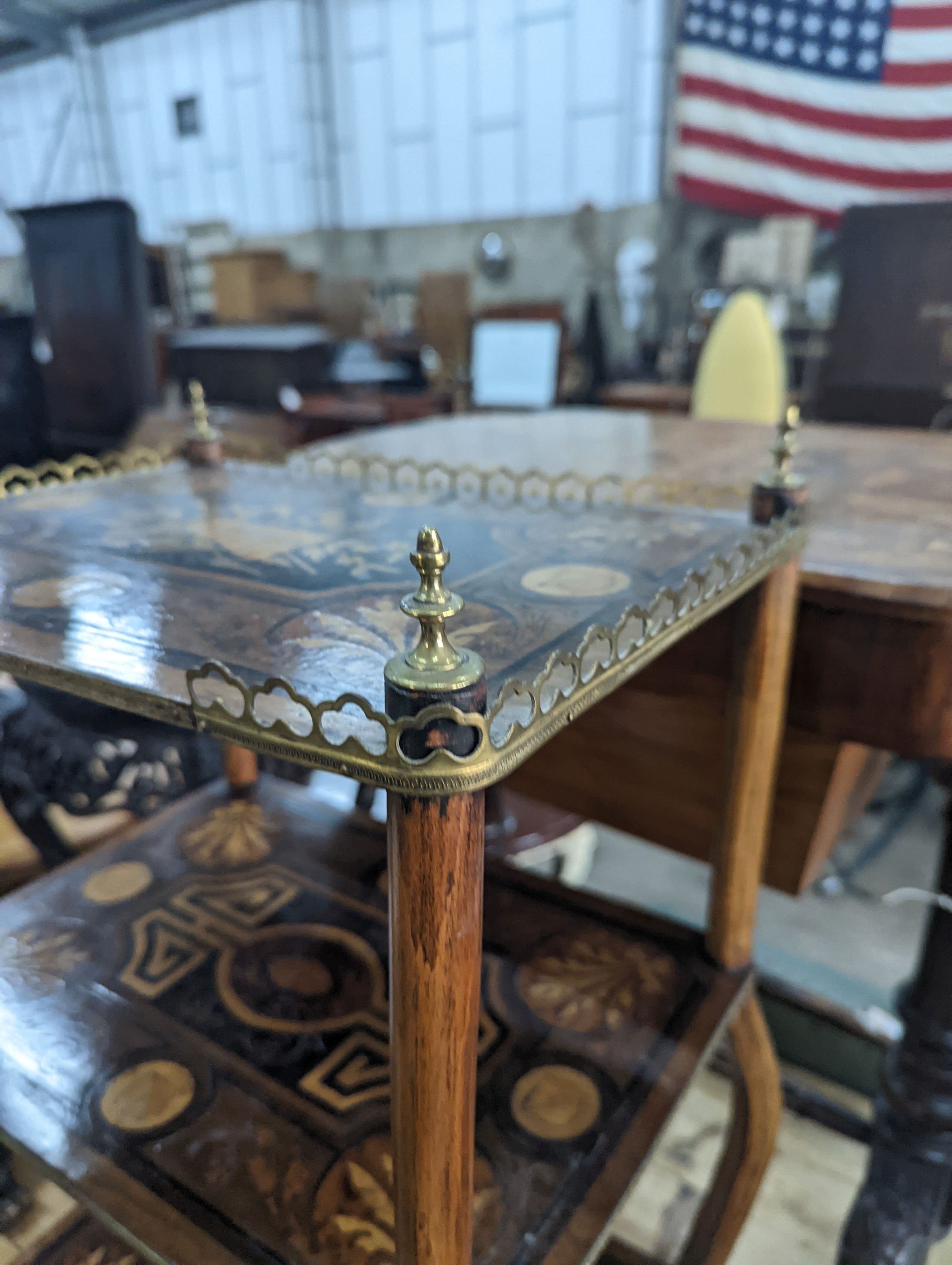 A 19th century French marquetry inlaid three tier etagere, width 42cm, depth 30cm, height 79cm